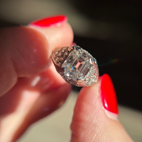 Antique Platinum Emerald Cut Diamond 2.91 ctw Engagement Ring IGI Certified - Picture 7 of 17